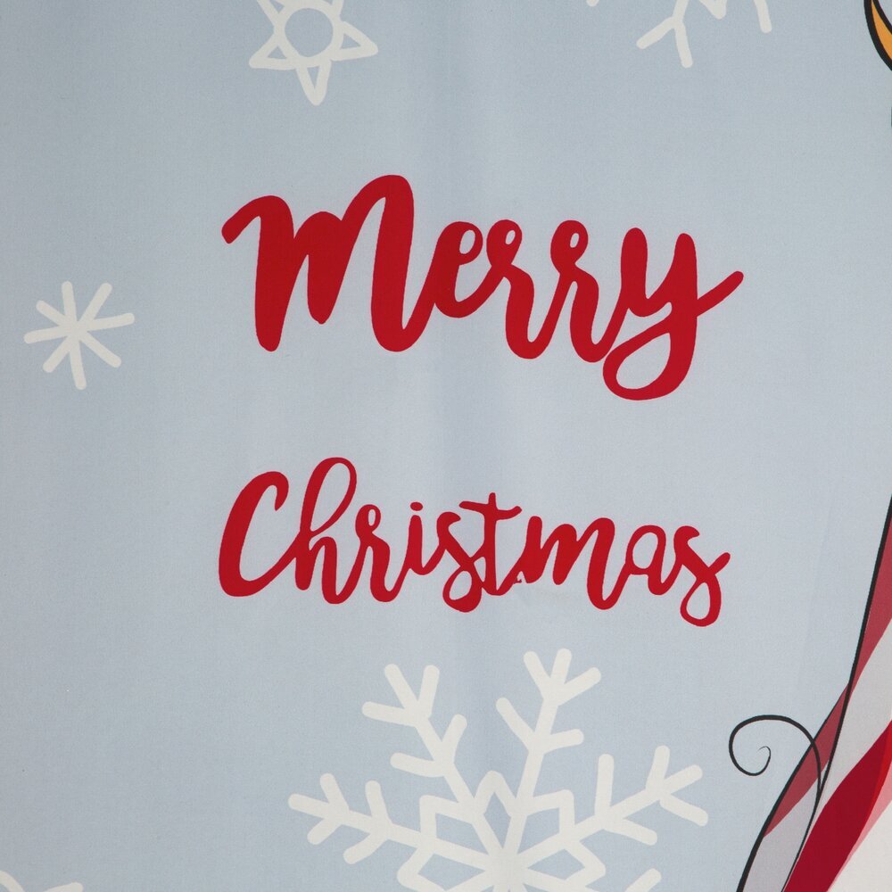 Na jasnym tle widoczny jest czerwony napis \'Merry Christmas\' otoczony białymi śnieżynkami.