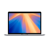 Laptop z wyświetlaczem pokazującym kolorowy gradient od pomarańczowego do niebieskiego. Na obudowie widoczne jest logo APPLE.