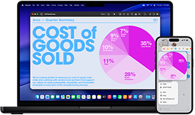 Na obrazie widać laptop i smartfon, oba wyświetlają wykresy i tekst. Na ekranie laptopa widoczny jest napis \'COST OF GOODS SOLD\'.