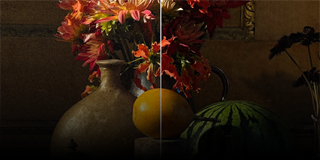 Martwa natura z wazonem, owocami i kwiatami w ciepłych kolorach, z wyraźnym podziałem na dwie części o różnym oświetleniu.