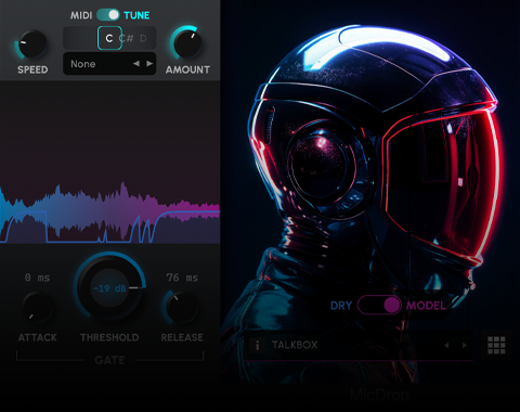 Obraz przedstawia interfejs oprogramowania z elementami sterującymi MIDI i TUNE oraz postać w futurystycznym hełmie. Widoczne są suwaki i wykresy dźwięku, a także opcje takie jak DRY i MODEL.