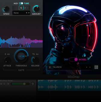 Interfejs oprogramowania audio z widocznymi suwakami i pokrętłami do regulacji dźwięku oraz obrazem osoby w futurystycznym hełmie z neonowym oświetleniem. Na ekranie widoczny jest tekst: \'MicDrop\'.