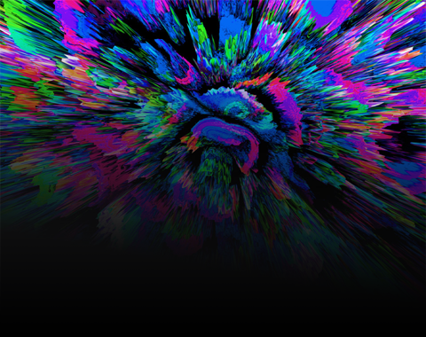 Obraz przedstawia abstrakcyjną kompozycję z intensywnymi kolorami, takimi jak niebieski, różowy, zielony i fioletowy, które rozchodzą się promieniście od centralnego punktu. Dolna część obrazu jest ciemna, co tworzy kontrast z jasnymi barwami powyżej.