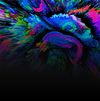 Abstrakcyjna grafika z dynamicznymi, kolorowymi wzorami w odcieniach niebieskiego, zielonego, różowego i fioletowego na czarnym tle.