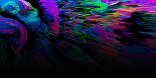 Abstrakcyjna grafika z dynamicznymi, kolorowymi wzorami w odcieniach fioletu, zieleni i niebieskiego na czarnym tle.