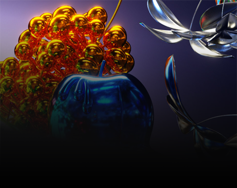 Obraz przedstawia abstrakcyjną kompozycję złożoną z metalicznych i szklanych elementów, w tym niebieskiego obiektu przypominającego jabłko oraz pomarańczowych kul. Tło jest ciemne z fioletowym odcieniem.