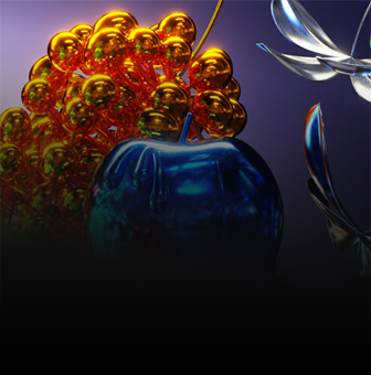 Obraz przedstawia abstrakcyjną kompozycję złożoną z błyszczących, złotych kul oraz niebieskiego, połyskującego kształtu przypominającego jabłko. W tle widoczne są srebrne, metaliczne elementy na ciemnym tle.