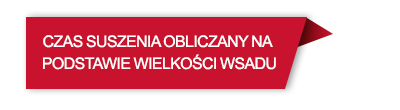 Czerwony prostokąt z czarną obwódką i trójkątnym zakończeniem z napisem: \'CZAS SUSZENIA OBLICZANY NA PODSTAWIE WIELKOŚCI WSADU\'.