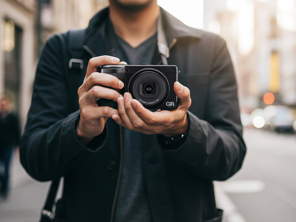 Osoba trzyma czarny aparat fotograficzny z widocznym obiektywem i napisem \'GR\'. W tle rozmyta scena miejska.