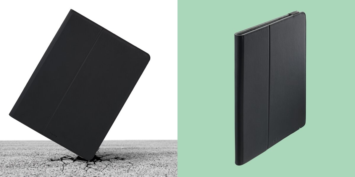 Dwa zdjęcia przedstawiają czarne etui stojące na krawędzi. Jedno z nich jest na tle pękającej powierzchni, a drugie na zielonym tle.