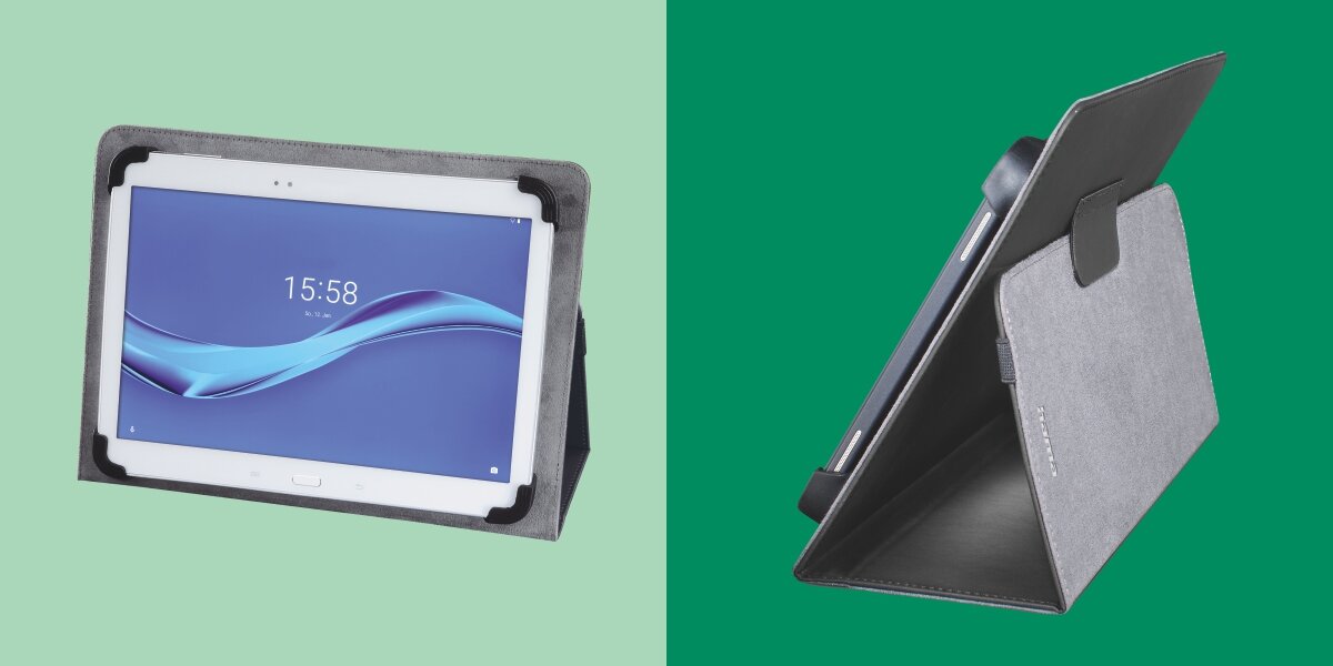 Na obrazie widoczne jest czarne etui na tablet, które pełni funkcję stojaka. Tablet w etui wyświetla godzinę 15:58 na ekranie.