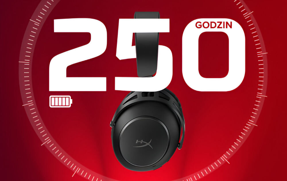 Na czerwonym tle widoczne są czarne słuchawki z logo \'HX\' na nauszniku. Obok znajduje się duży biały napis \'250 GODZIN\' oraz ikona baterii.