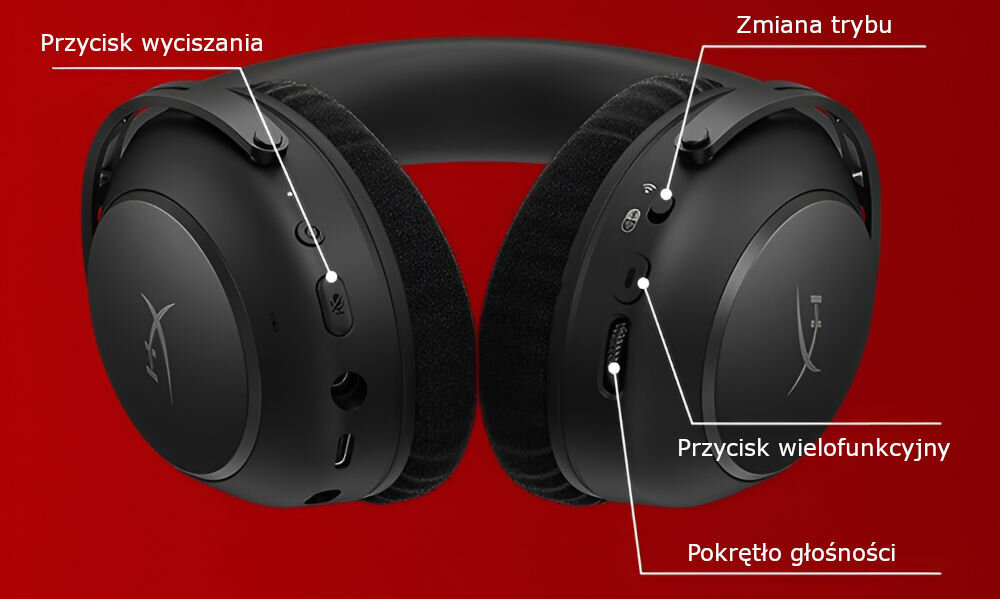 Czarne słuchawki nauszne z widocznymi przyciskami: wyciszania, zmiany trybu, wielofunkcyjnym oraz pokrętłem głośności. Na nausznikach znajduje się logo HyperX.