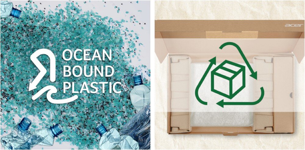 Laptop ACER Chromebook Plus 514 CB514-3H-R36J Po lewej stronie widoczne rozdrobnione kawałki niebieskiego plastiku z logotypem 'Ocean Bound Plastic', po prawej otwarte kartonowe opakowanie z symbolem recyklingu przedstawiającym strzałki wokół pudełka, ekologia, środowisko