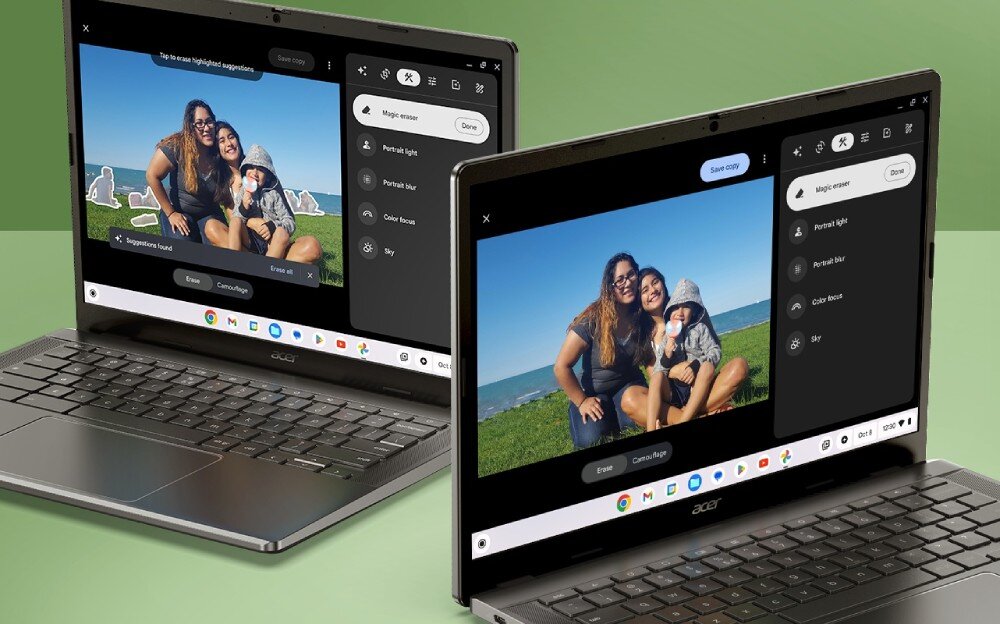 Laptop ACER Chromebook Plus 514 CB514-3H-R36J Dwa srebrne laptopy ustawione obok siebie z widocznymi ekranami przedstawiającymi aplikację do edycji zdjęć, na których widać rodzinę siedzącą na trawie, narzędzia, funkcje