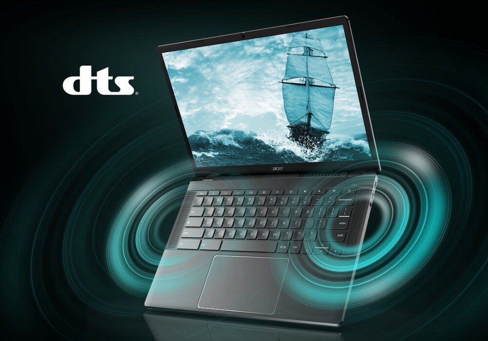 Laptop ACER Chromebook Plus 514 CB514-3H-R36J Laptop z otwartym ekranem pokazującym obraz żaglowca na morzu, wokół urządzenia widoczne graficzne fale symbolizujące dźwięk i logo 'dts', bateria, czas działania, głośniki
