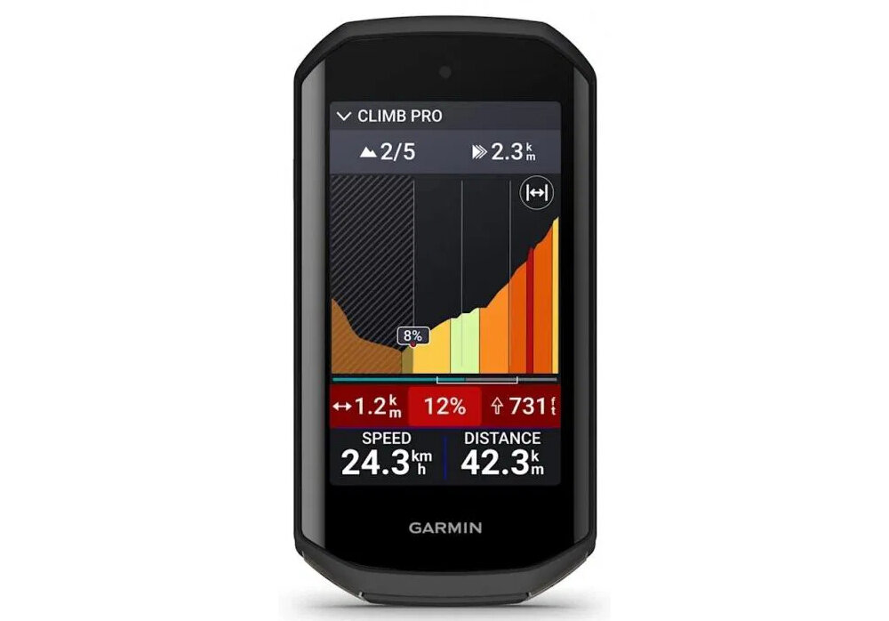 Urządzenie nawigacyjne z wyświetlaczem pokazującym wykres nachylenia terenu oraz dane: \'CLIMB PRO\', \'2/5\', \'2.3 km\', \'1.2 km\', \'12%\', \'731 m\', \'SPEED 24.3 km/h\', \'DISTANCE 42.3 km\'. Logo \'GARMIN\' widoczne na dole urządzenia.