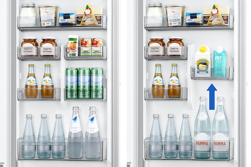 Wnętrze lodówki z półkami wypełnionymi różnymi produktami spożywczymi, takimi jak słoiki z marmoladą, kartony z napojami, butelki z wodą i inne artykuły. Na jednej z półek widoczna jest niebieska strzałka wskazująca na karton z napisem \'FRT\'.