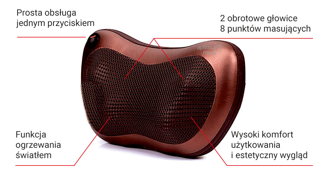 Masażer do karku w kolorze brązowym z siatkową powierzchnią, posiadający dwie obrotowe głowice i osiem punktów masujących. Na obrazie widoczne są napisy: \'Prosta obsługa jednym przyciskiem\', \'Funkcja ogrzewania światłem\', \'2 obrotowe głowice 8 punktów masujących\', \'Wysoki komfort użytkowania i estetyczny wygląd\'.