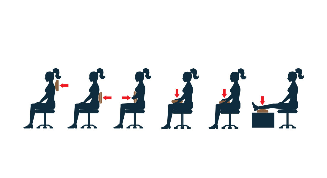 Ilustracja przedstawia pięć sylwetek osoby siedzącej na krześle, używającej masażera w różnych pozycjach: na plecach, brzuchu, udach i stopach. Czerwone strzałki wskazują kierunek użycia masażera.