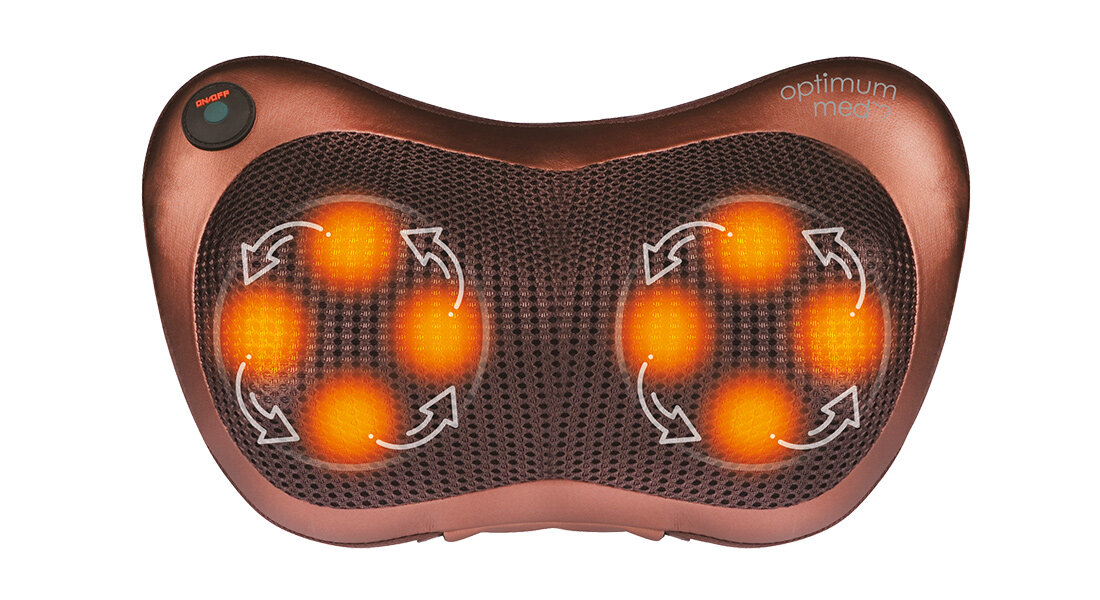 Masażer do karku z czterema podświetlanymi na pomarańczowo kulkami masującymi, otoczonymi siatką. Na urządzeniu widoczne są napisy: \'optimum\' i \'charge\'.