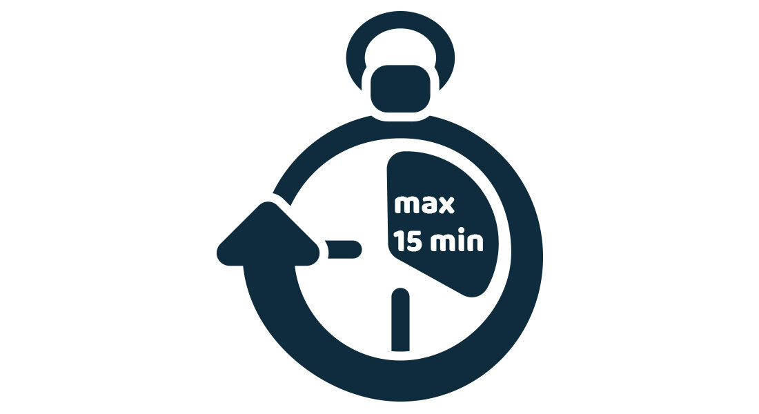 Grafika przedstawia ikonę zegara z napisem \'max 15 min\'.