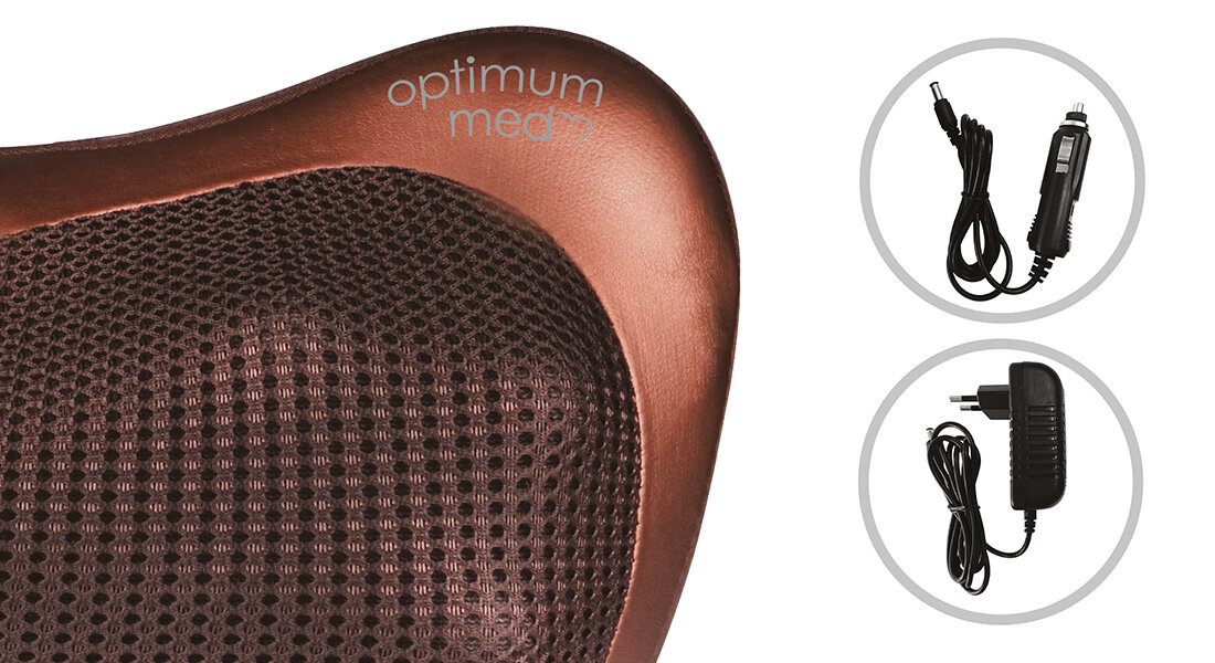 Obraz przedstawia masażer do karku z brązową siateczką i napisem \'optimum med\'. Obok znajdują się dwa okrągłe zdjęcia z przewodami zasilającymi.