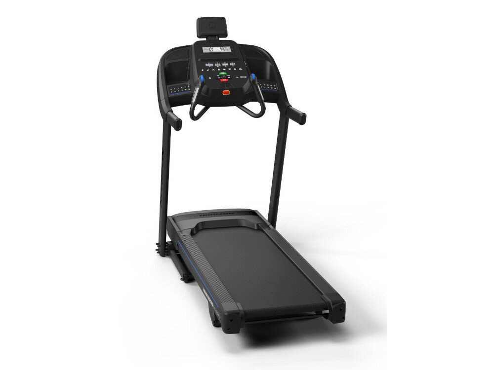 Na obrazie widoczna jest bieżnia elektryczna z czarnym pasem do biegania i panelem sterowania z przyciskami oraz wyświetlaczem. Na panelu znajduje się logo \'HORIZON FITNESS\'.
