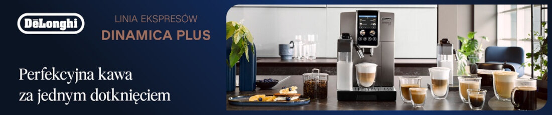 Obraz przedstawia ekspres do kawy z kilkoma filiżankami kawy na blacie. Widoczny jest tekst: \'DeLonghi LINIA EKSPRESÓW DINAMICA PLUS Perfekcyjna kawa za jednym dotknięciem\'.