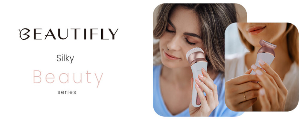 Obraz przedstawia dwie osoby używające depilatora BEAUTIFLY. Po lewej stronie widnieje logo \'BEAUTIFLY\' oraz tekst \'Silky Beauty series\'.