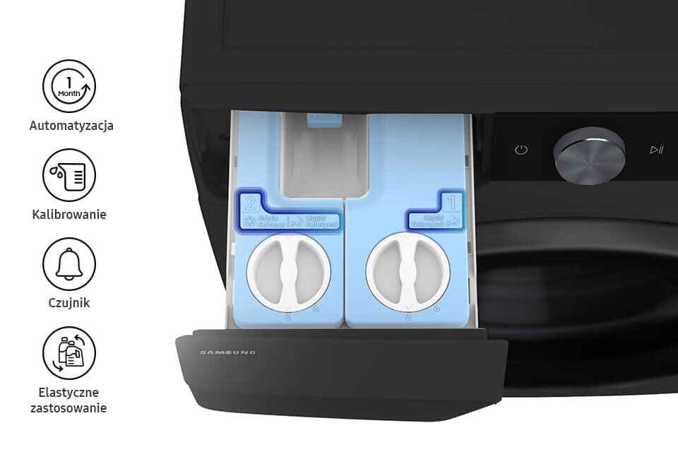 Obraz przedstawia otwartą szufladę pralki z dwoma niebieskimi pojemnikami na detergent. Po lewej stronie widoczne są ikony z napisami: \'Automatyzacja\', \'Kalibrowanie\', \'Czujnik\', \'Elastyczne zastosowanie\'.