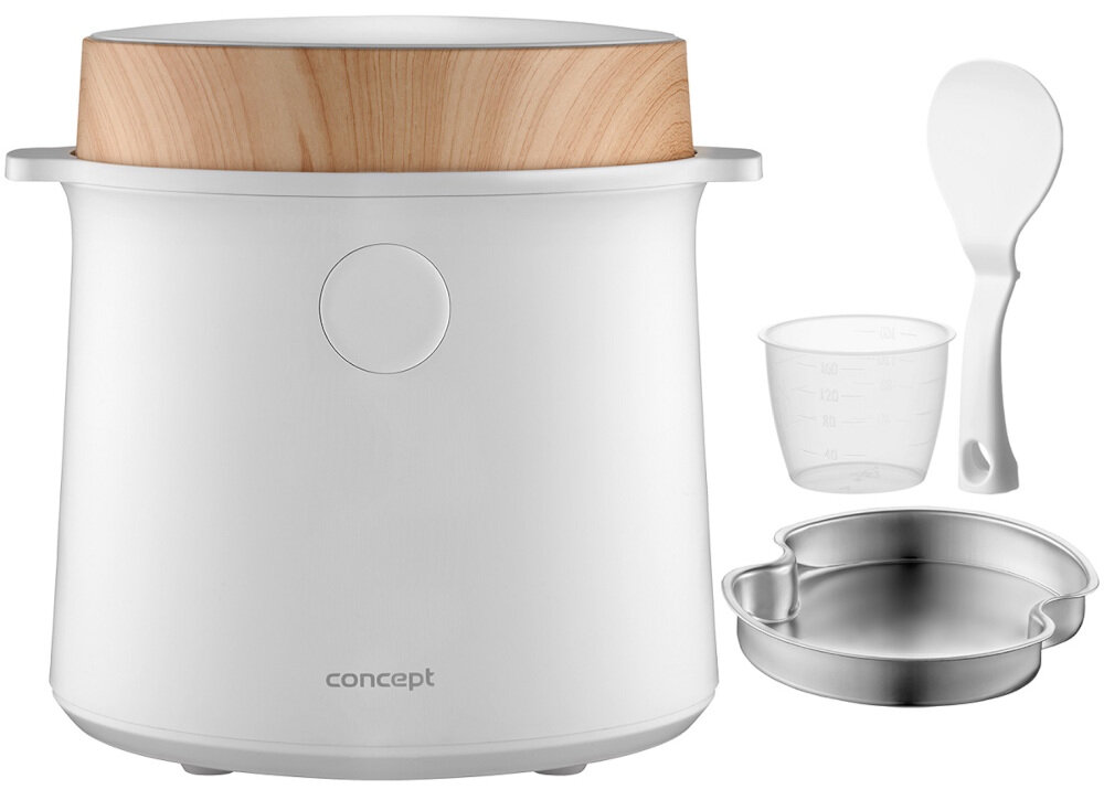 Na obrazie widoczny jest biały ryżowar z drewnianym elementem na górze, obok którego znajdują się plastikowa miarka, łyżka i metalowa miska. Na urządzeniu widnieje napis \'concept\'.