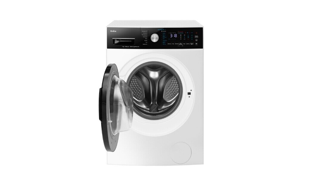 Pralka z otwartymi drzwiami, widoczny bęben wewnętrzny. Panel sterowania z wyświetlaczem cyfrowym i pokrętłem, logo Amica na górze.