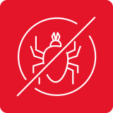 Czerwony kwadrat z białym symbolem przekreślonego owada w okręgu.