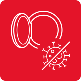 Czerwony kwadrat z białą ikoną przedstawiającą otwarte drzwi pralki oraz przekreślony symbol wirusa.