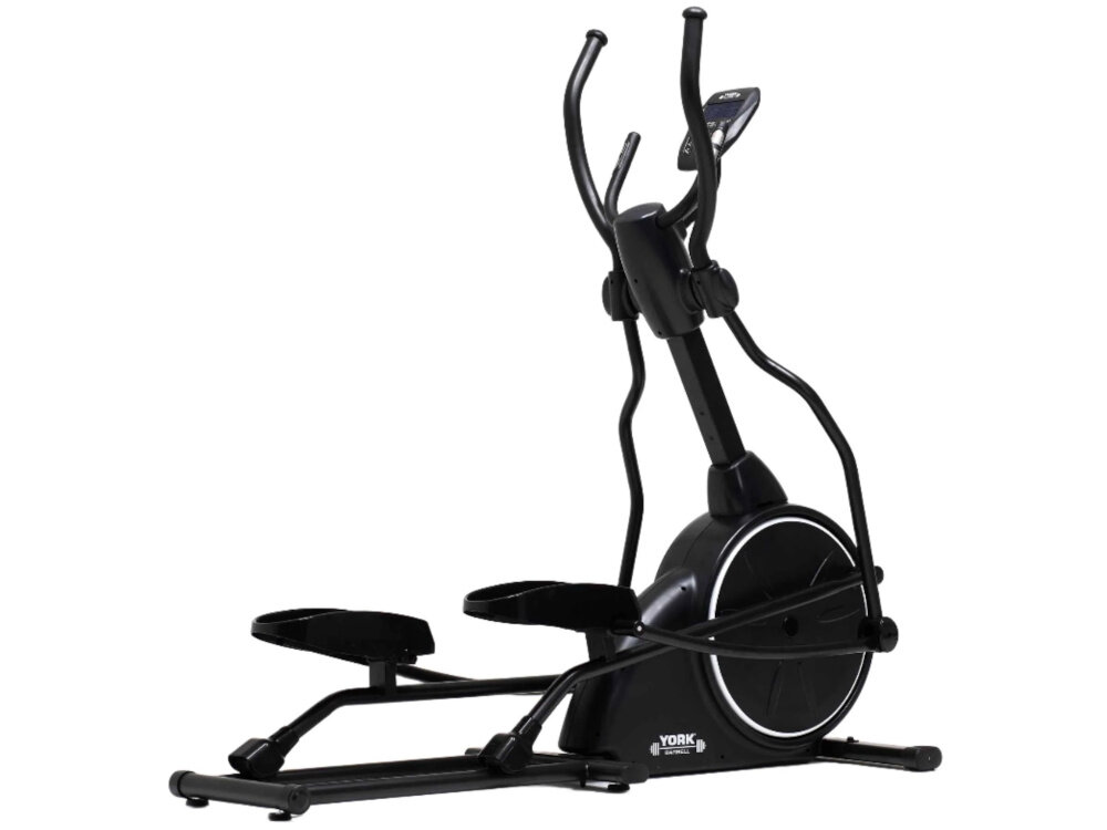 Na obrazie znajduje się czarny orbitrek magnetyczny z wyświetlaczem i pedałami. Na obudowie widoczne jest logo \'YORK FITNESS\'.