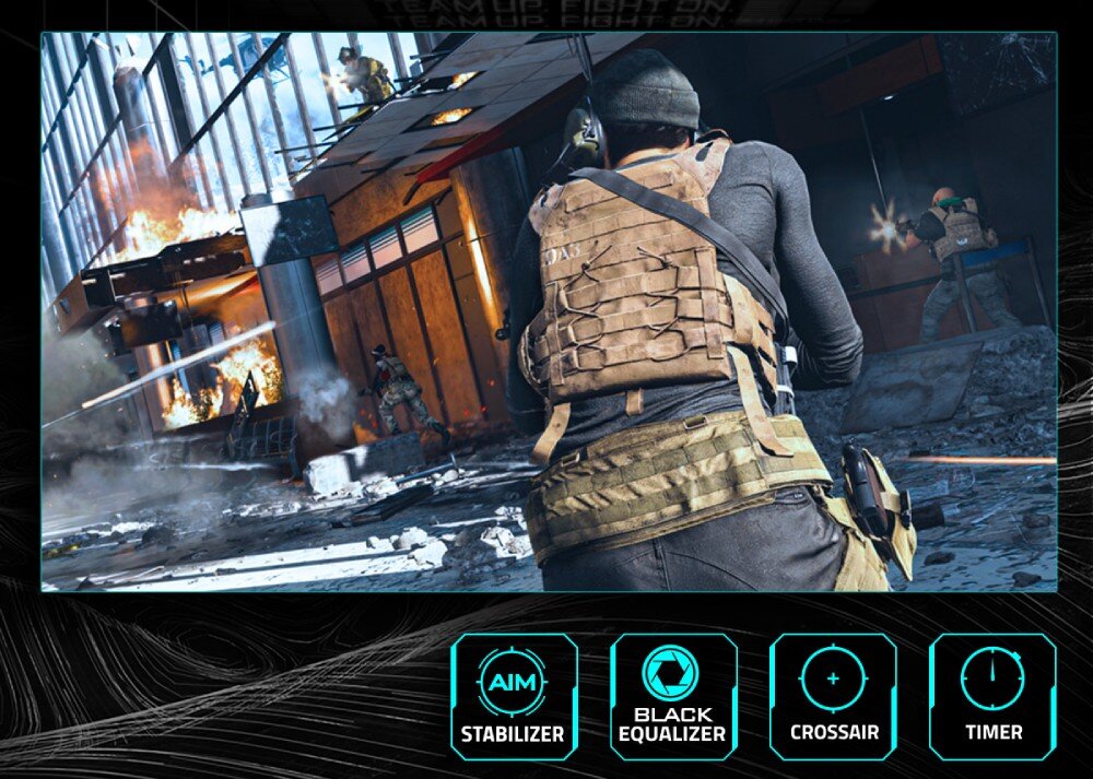 Monitor GIGABYTE GS25F2 Scena z gry typu FPS z nałożonymi na dole ikonami funkcji wspomagających gracza, takich jak stabilizator celowania i korektor czerni, funkcje dla graczy