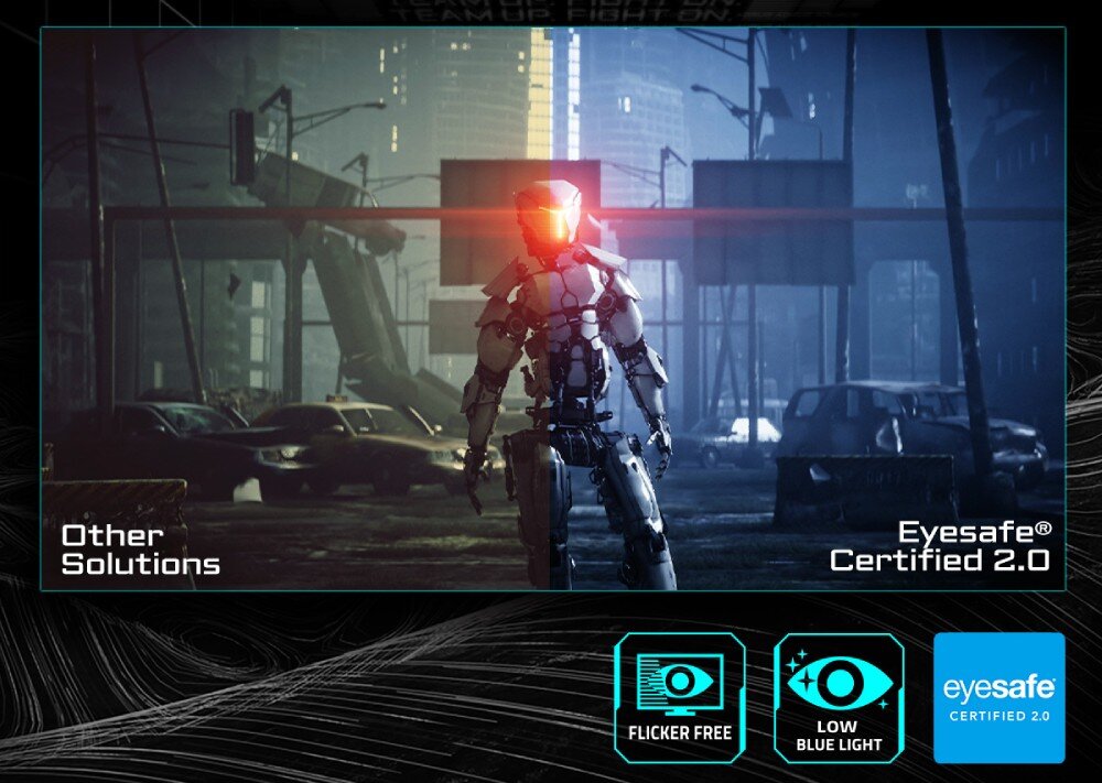 Monitor GIGABYTE GS25F2 Obraz porównawczy z postacią robota podzielony na pół, gdzie prawa strona z certyfikatem Eyesafe 2.0 zachowuje żywe kolory przy redukcji niebieskiego światła, ochrona wzroku, certyfikaty