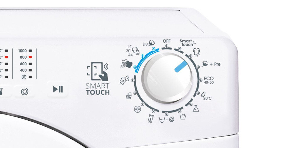 Panel sterowania pralki z pokrętłem wyboru programów, oznaczeniami temperatur i ikonami programów prania. Widoczny jest napis \'SMART TOUCH\' oraz symbole związane z funkcjami pralki.