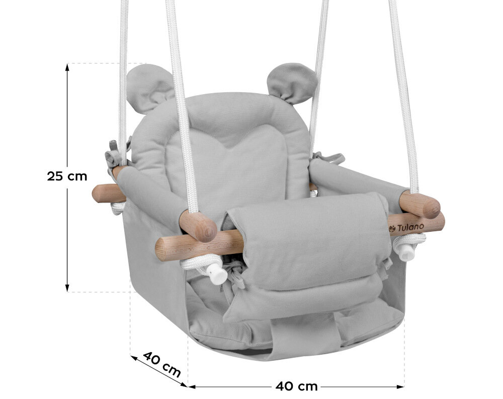 Huśtawka dla dzieci TULANO Hop 30 Szary Naturalna radość z huśtaniaz naturalnego drewna bukowego trwałego płótna bawełnianego (100%) Neutralny, Szary kolor wymiary łatwy montaż