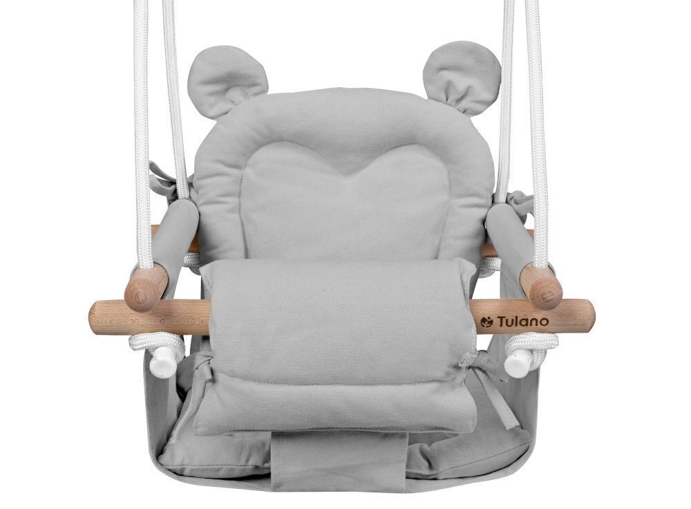 Huśtawka dla dzieci TULANO Hop 30 Szary Bezpieczeństwo i komfort maksymalne obciążenie wiek zakres pas bezpieczeństwa chroni malucha dwie miękkie poduszki Solidne liny długość średnica dołączone karabińczyki