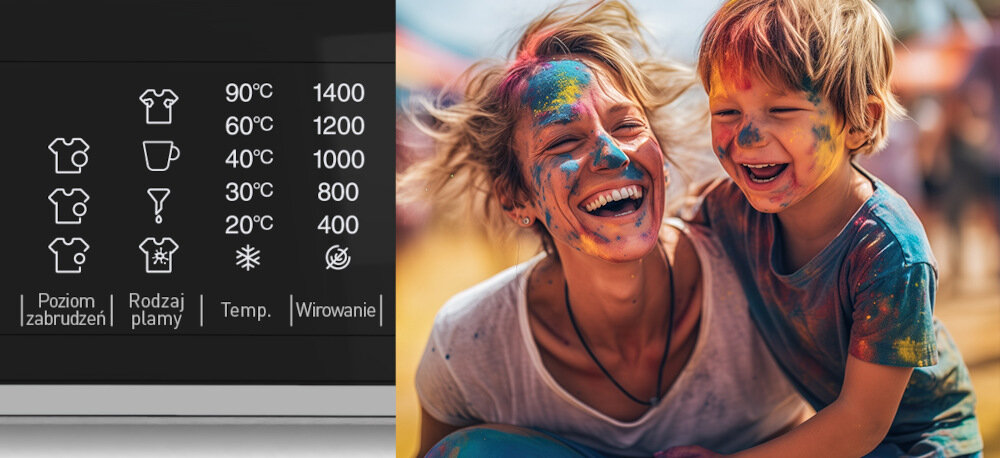 Po lewej stronie widoczny jest panel pralki z ikonami programów prania i temperaturami: 90°C 1400, 60°C 1200, 40°C 1000, 30°C 800, 20°C 400. Po prawej stronie znajduje się uśmiechnięta kobieta z dzieckiem, oboje pokryci kolorowym proszkiem.