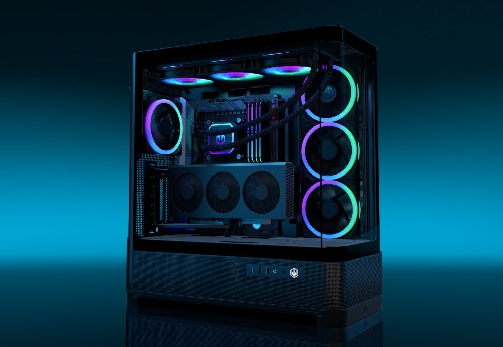 Obudowa ENDORFY Aquarius 8000 Flex Komputer gamingowy z pionowo zamontowaną kartą graficzną i rozbudowanym podświetleniem RGB podzespołów widoczny pod kątem na ciemnym tle
