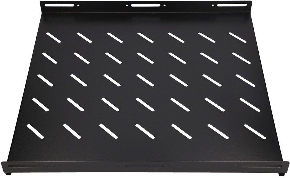 Czarna metalowa półka z otworami wentylacyjnymi w kształcie podłużnych szczelin. Półka ma prostokątny kształt i jest przeznaczona do montażu w szafach rackowych.