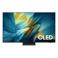 Telewizor z dużym ekranem wyświetlający abstrakcyjny, kolorowy wzór w odcieniach niebieskiego i żółtego. Na ekranie widoczny jest napis \'OLED\'.