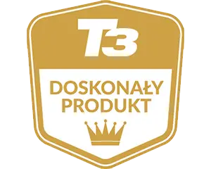 Złota odznaka z napisem \'T3 DOSKONAŁY PRODUKT\' oraz symbolem korony poniżej tekstu.