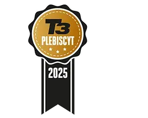 Odznaka w kształcie medalu z napisem \'T3 PLEBISCYT\' na złotym tle oraz \'2025\' poniżej na czarnym tle.