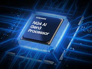 Obraz przedstawia procesor z napisem \'SAMSUNG NQ4 AI Gen3 Processor\' na tle schematu obwodów elektronicznych w niebieskiej kolorystyce.