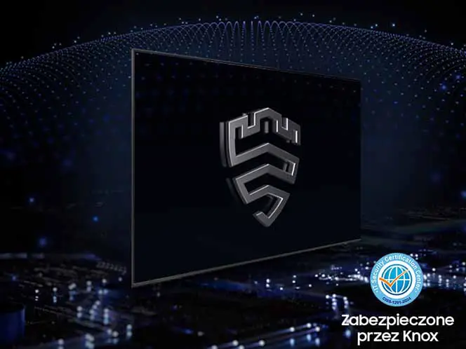 Na obrazie widoczny jest telewizor z wyświetlonym symbolem przypominającym tarczę. W prawym dolnym rogu znajduje się napis \'Zabezpieczone przez Knox\' oraz okrągłe logo z napisem \'Security Certified\'.