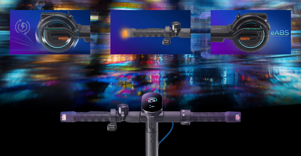 Obraz przedstawia kierownicę hulajnogi elektrycznej z wyświetlaczem pokazującym prędkość 25 km/h. W tle widoczne są dwa zbliżenia na elementy hulajnogi, w tym koło z napisem \'eABS\'.